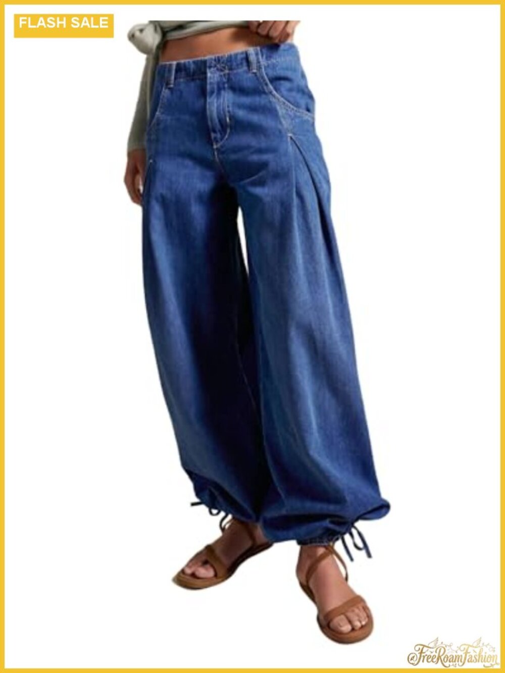 Women's Mid Rise Wide Leg Balloon Jeans Drawstring Cuff Baggy Denim